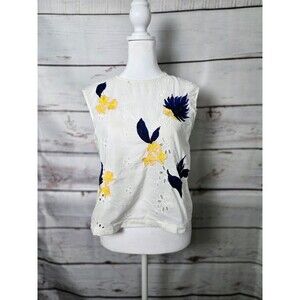 MNG Womens Top White Embroidered Eyelet Floral Print Open Back Tie Sleeveless